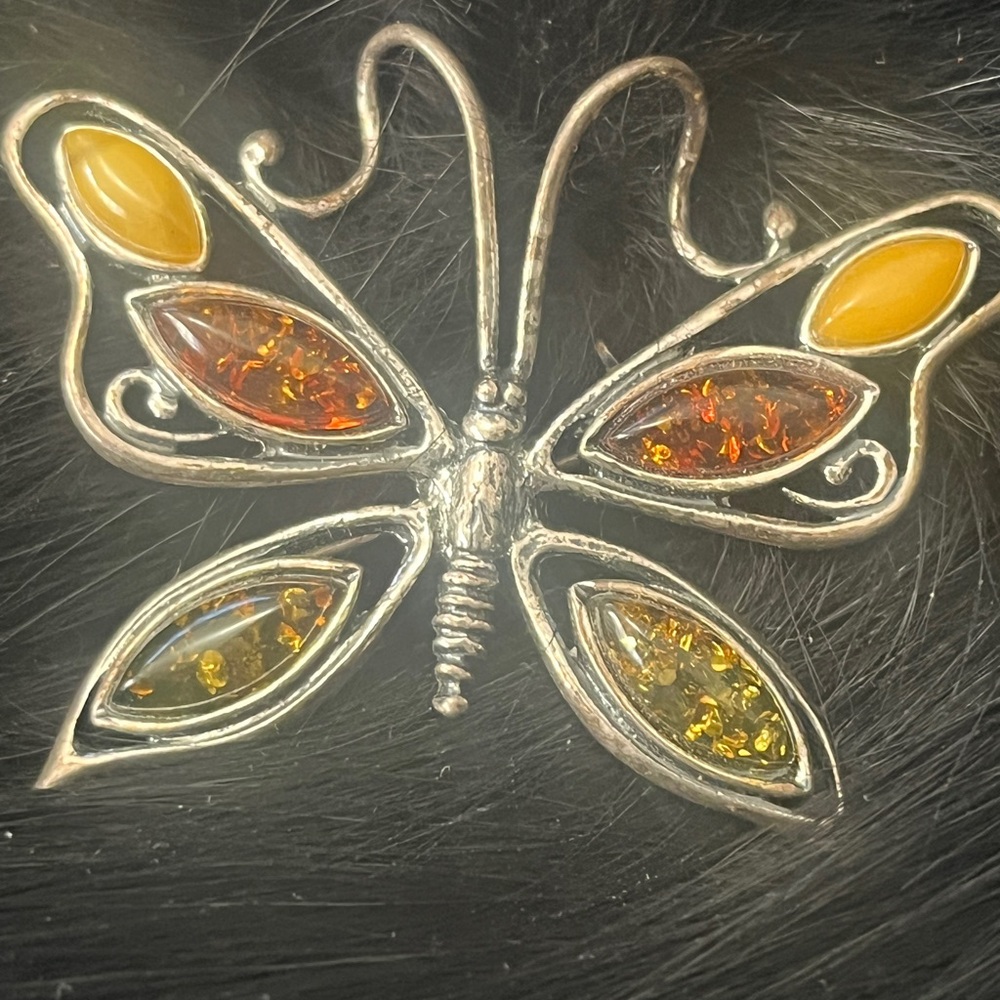 .925 Silver Butterfly Brooch with Amber Accents